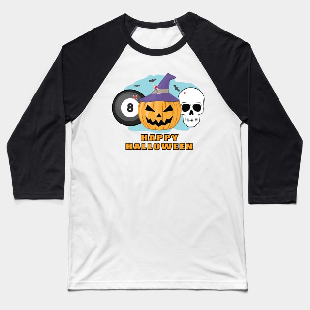 Happy Billiard Halloween - Spooky Skull and Pumpkin Baseball T-Shirt by DesignWood Atelier